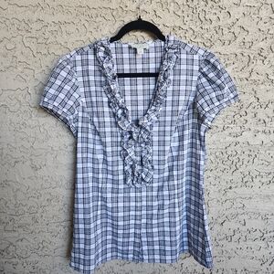 Women’s Black & White Plaid Ruffle V-Neck Top